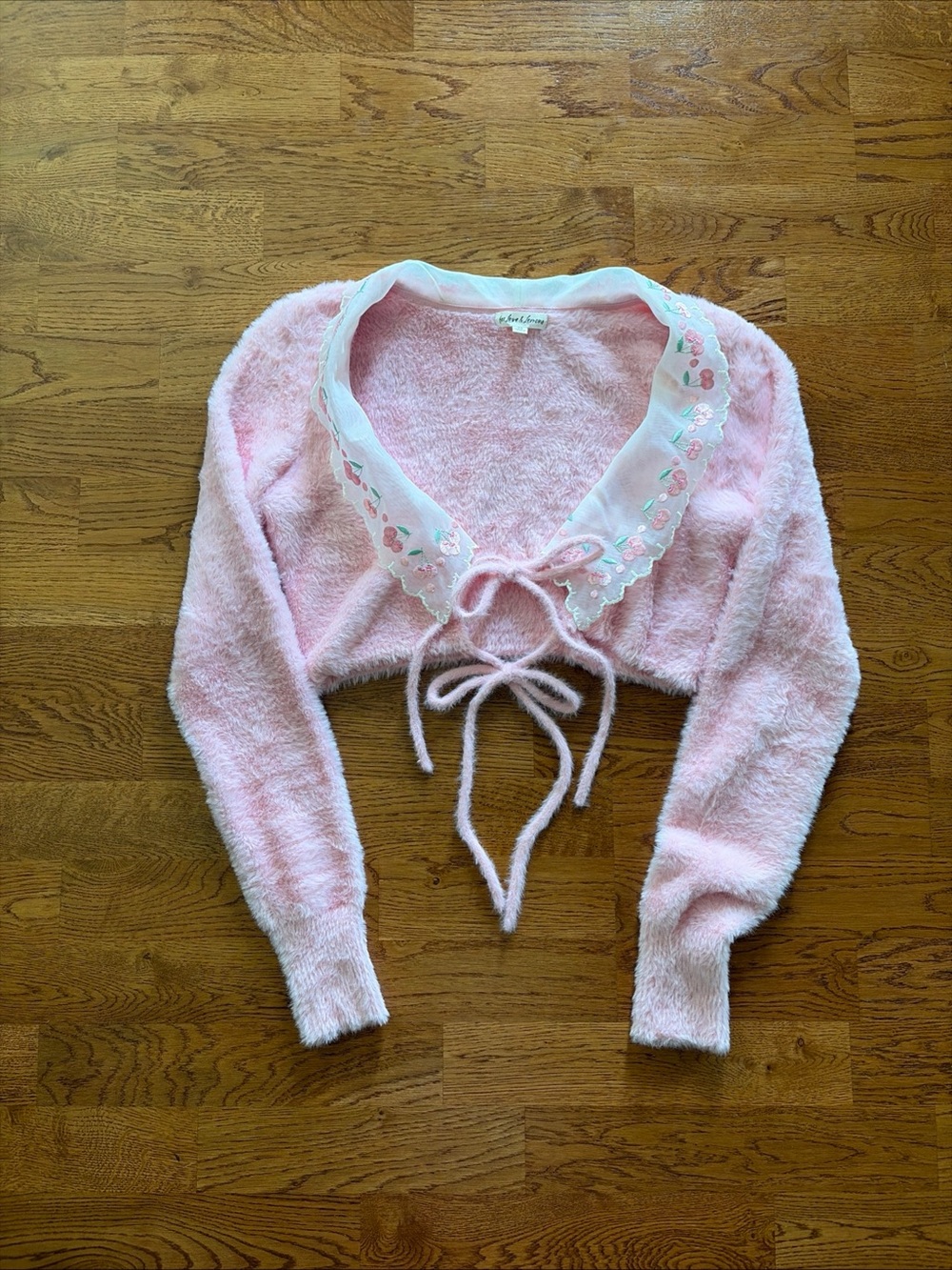 For Love & Lemons Women's Pink Cardigan Sweet Cherry Fuzzy Cropped Tie Collar XS